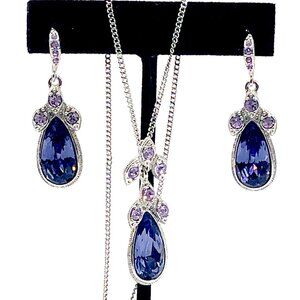 Givenchy Silver Tone Amethyst-Color Crystal Drop Necklace and Dangle Earrings